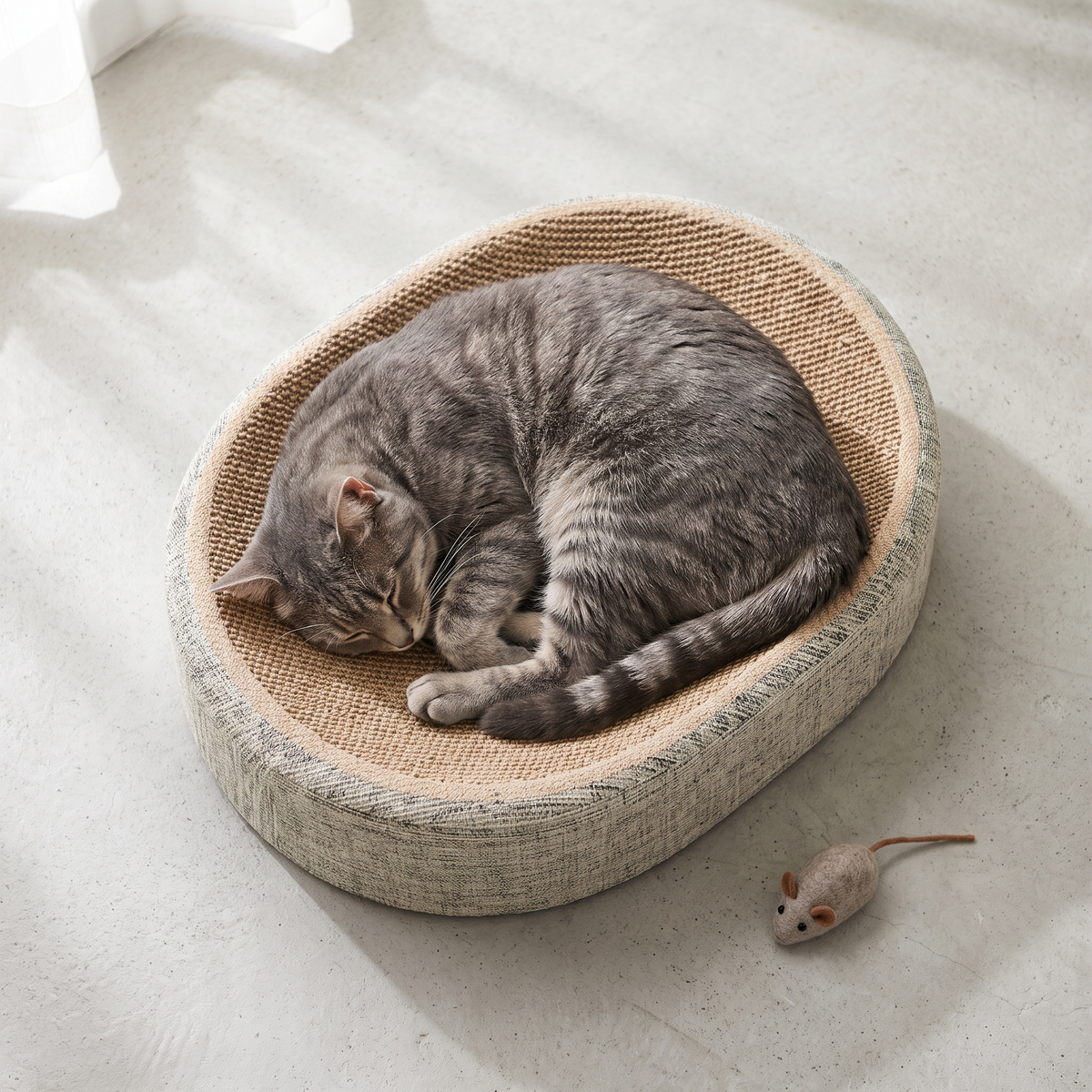 Grey tabby cat curled up asleep in the oval sisal scratcher bed, seen from above