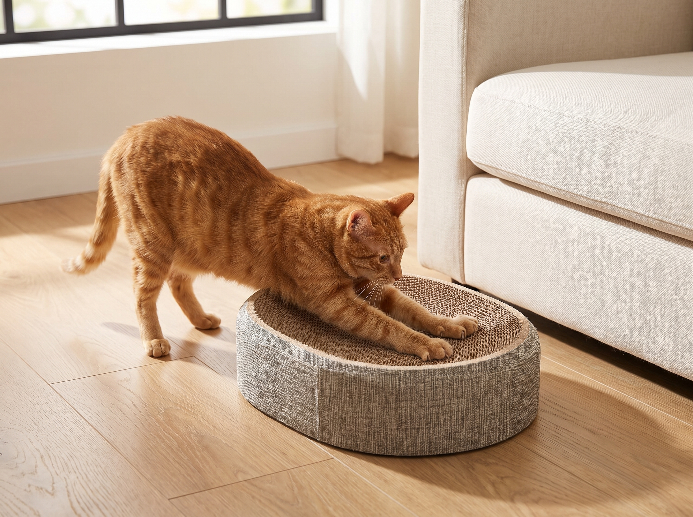 Ginger cat scratching the oval sisal scratcher bed beside an untouched sofa