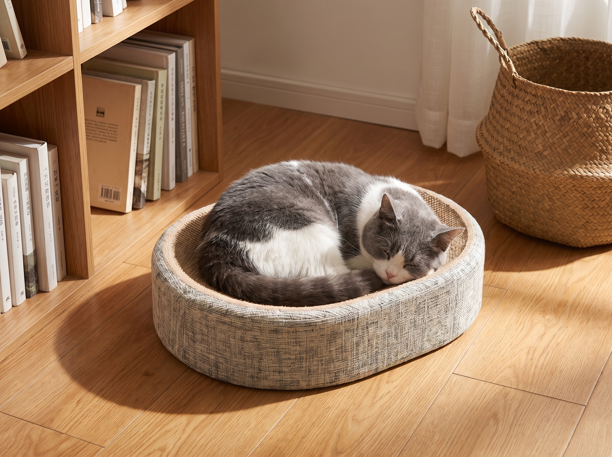 Grey and white cat asleep in the oval sisal scratcher bed in a patch of sun