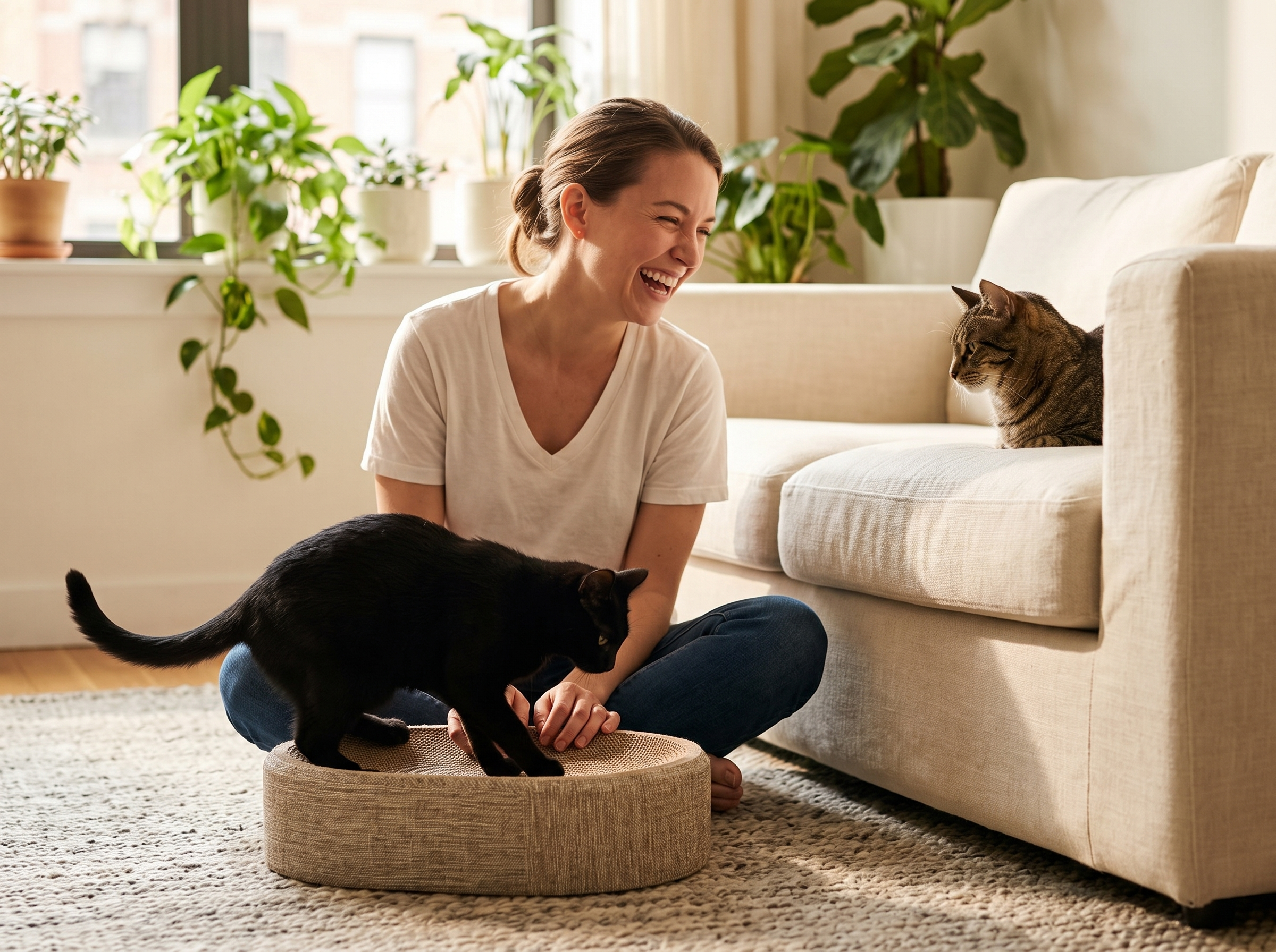 Owner watching her black cat knead the oval sisal scratcher bed on a lounge rug
